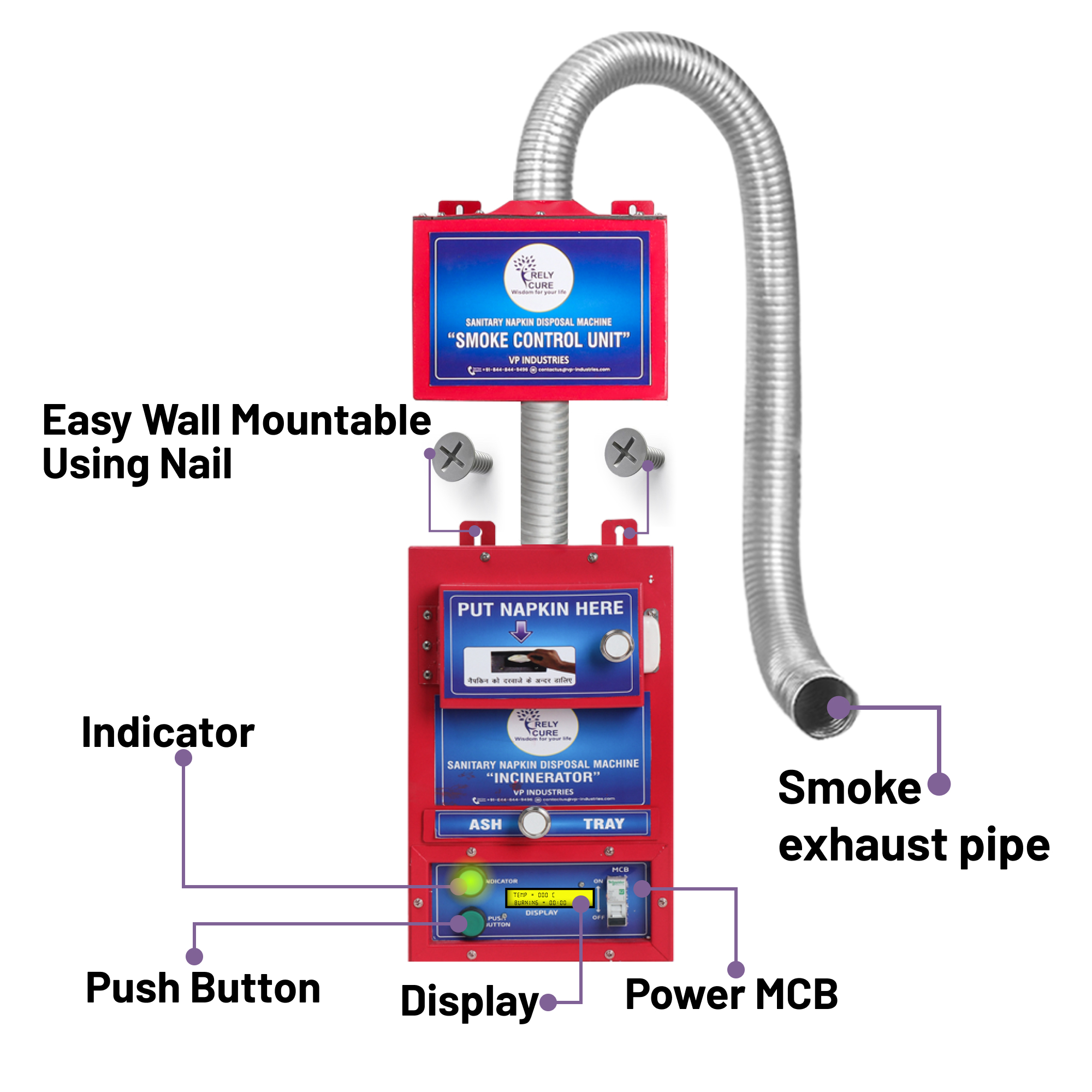 Napkin Incinerator With Smoke Control Unit Capacity Pad Day